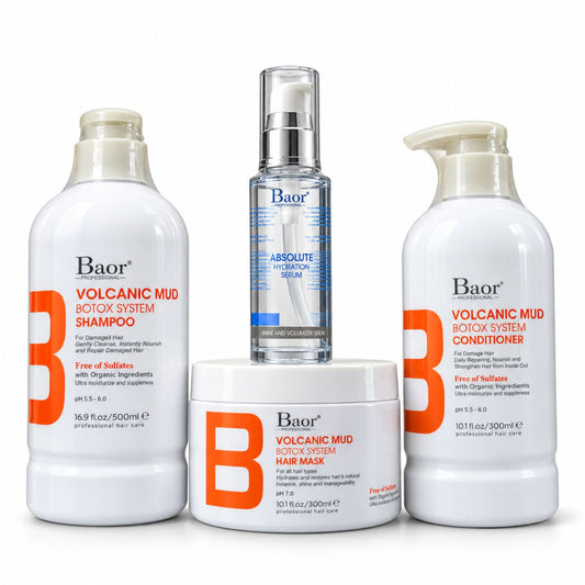 Pack BAOR Volcanic Mud con shampoo, acondicionador y mascarilla y Absolute Hydration sobre fondo blanco.