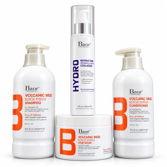 Pack BAOR Volcanic Mud con shampoo, acondicionador y mascarilla y Hydro Collagen sobre fondo blanco.