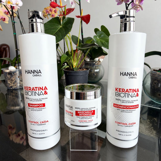 Fotografía real del kit de 3 pasos Hanna Caball Keratina y Biotina con shampoo, acondicionador 1 L y mascarilla 400 g