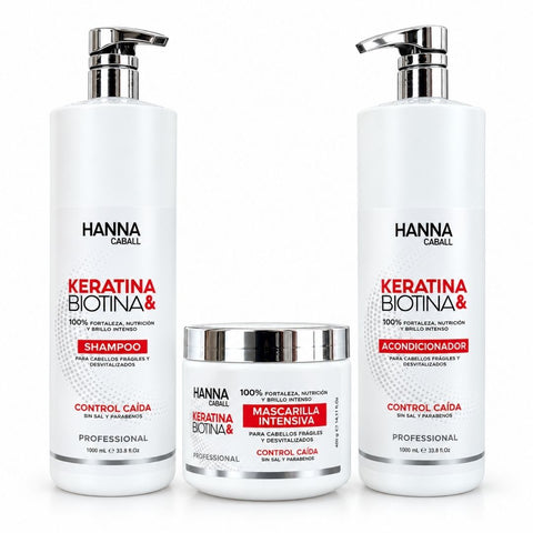 Kit Keratina y Biotina tres pasos Hanna Caball con shampoo 1 L, acondicionador 1 L y mascarilla 400 g sobre fondo blanco