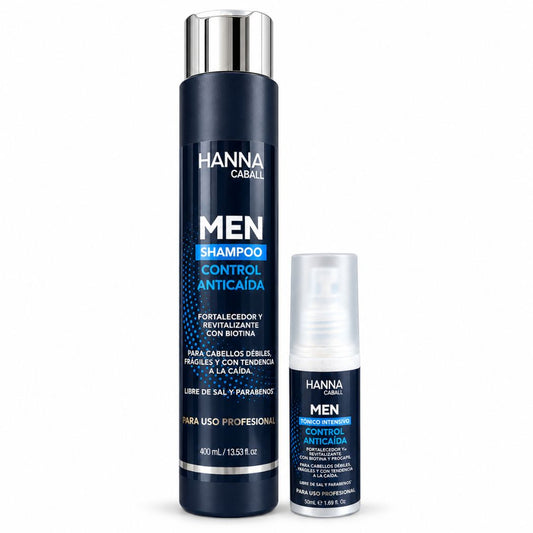 Kit Men Control Anticaída Hanna Caball con shampoo de 400 ml y tónico de 50 ml en fondo blanco