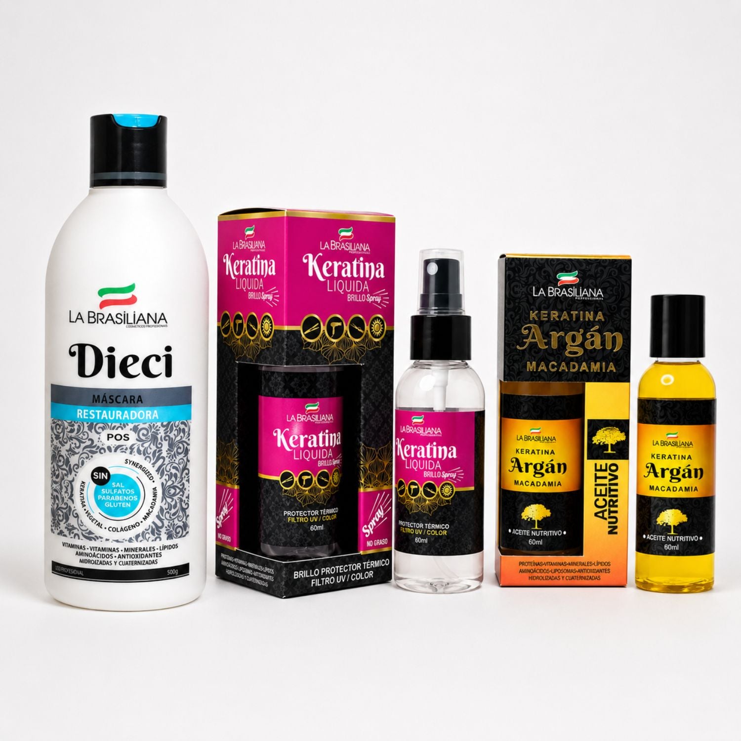 La Brasiliana Pack Dieci Máscara Protector Térmico y Aceite de Argán para restauración capilar