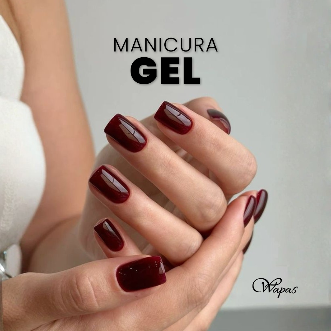 Manicura gel en San Isidro, Lima (Wapas Salón): uñas en gel color borgoña con acabado brillante y prolijo, ideal para una manicure duradera y elegante.