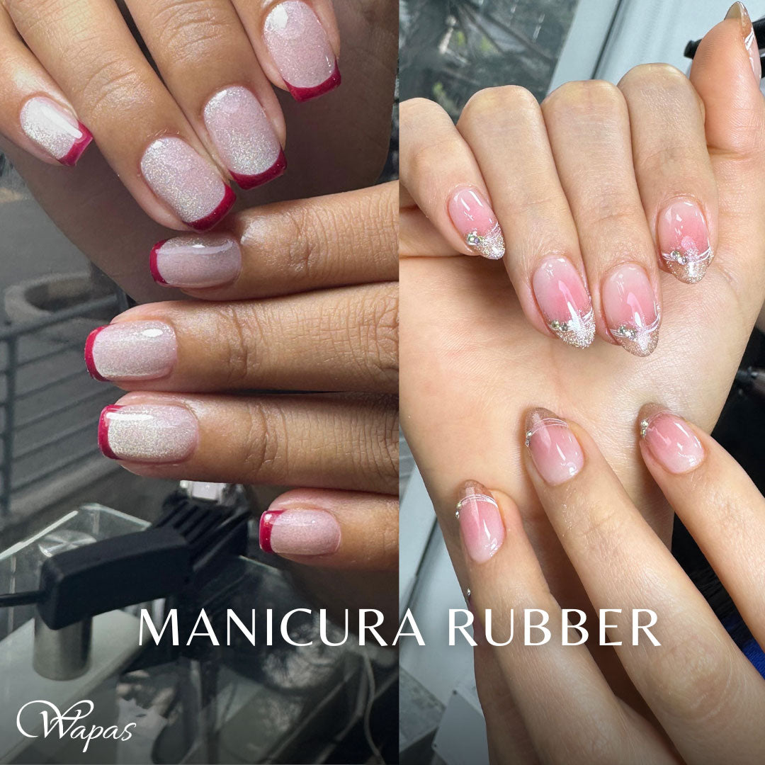 Manicura rubber con acabado natural y brillo elegante, uñas cortas y semilargas con diseño francés y detalles delicados, realizada en salón de belleza Wapas en San Isidro, Lima.