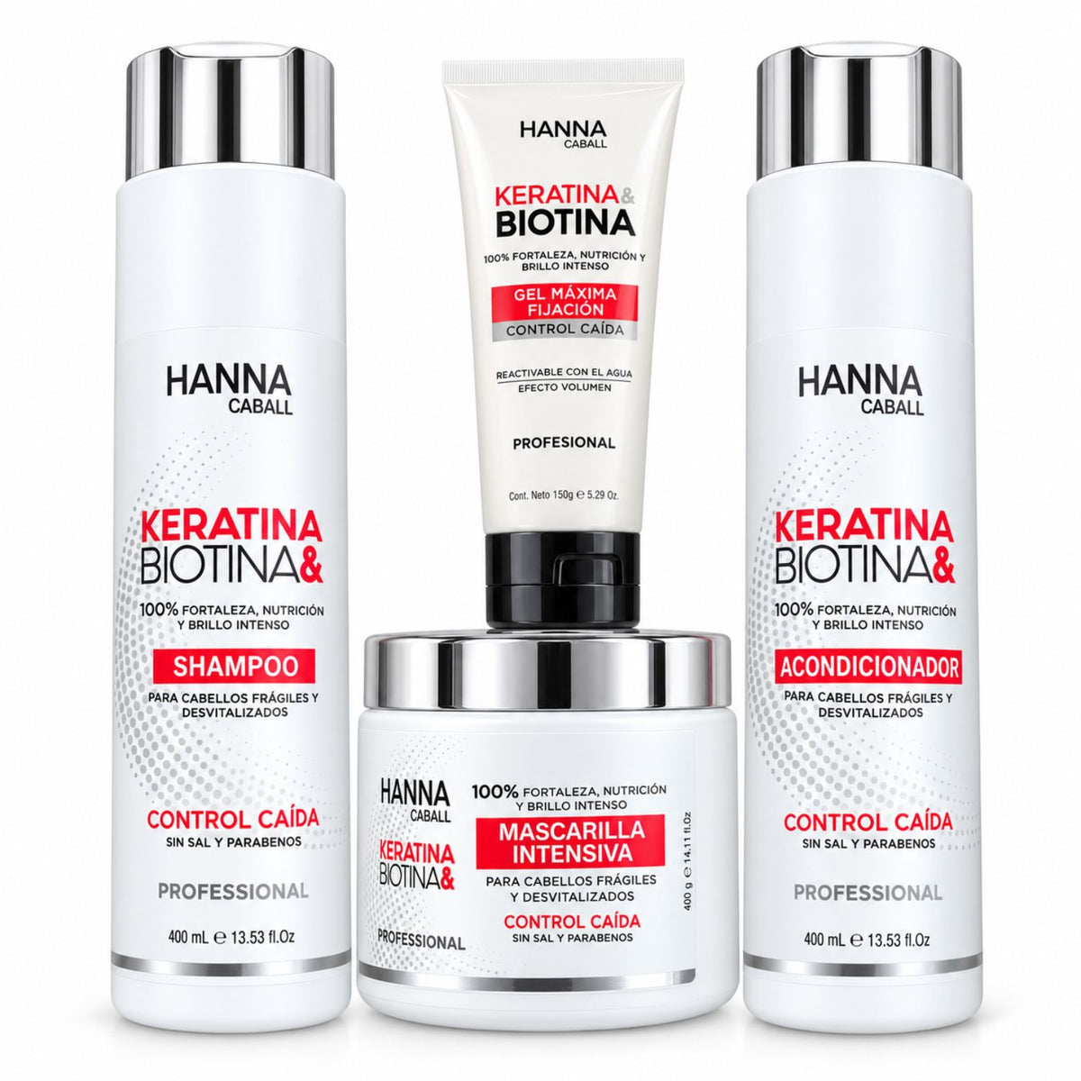 Pack Keratina & Biotina 4 Productos con Gel 400 ml Hanna Caball, fotografía de catálogo