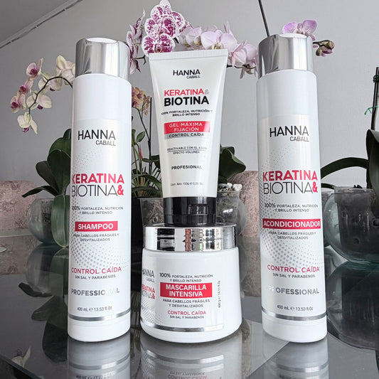 Pack Keratina & Biotina 4 Productos con Gel 400 ml Hanna Caball, fotografía real del pack