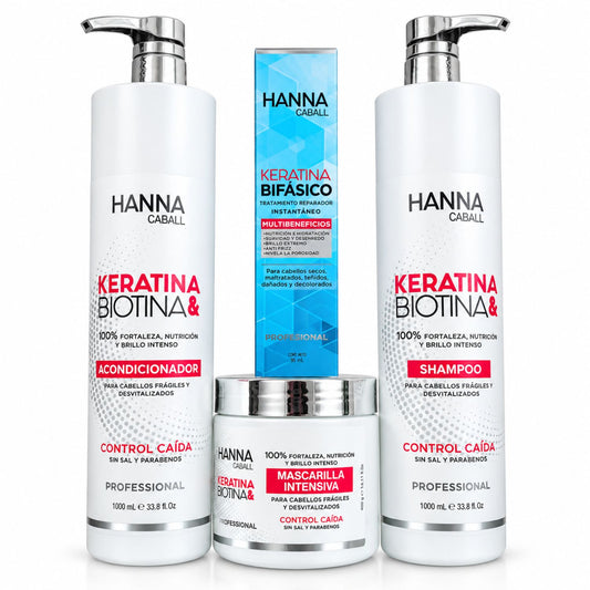 Pack Keratina & Biotina 4 Productos con Bifásico 1 L Hanna Caball, fotografía de catálogo