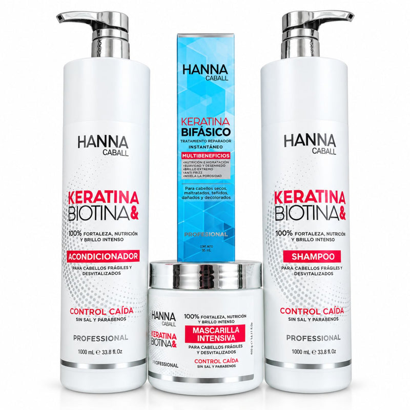Pack Keratina & Biotina 4 Productos con Bifásico 1 L Hanna Caball