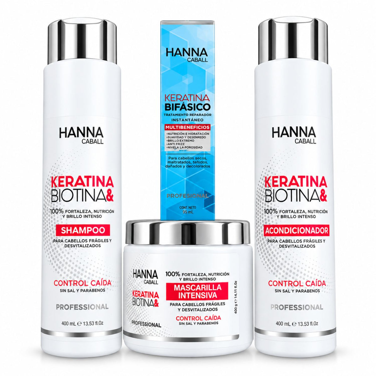 Pack Keratina & Biotina 4 Productos con Bifásico 400 ml Hanna Caball, fotografía de catálogo