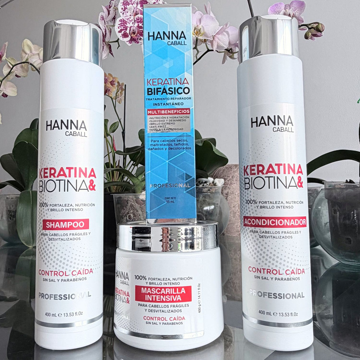 Pack Keratina & Biotina 4 Productos con Bifásico 400 ml Hanna Caball, fotografía real del pack