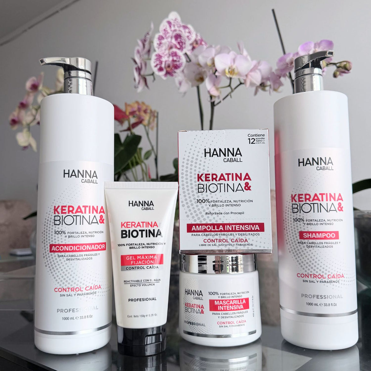 Pack Keratina & Biotina 5 Productos con Gel y Ampollas 1 L Hanna Caball, fotografía real del pack
