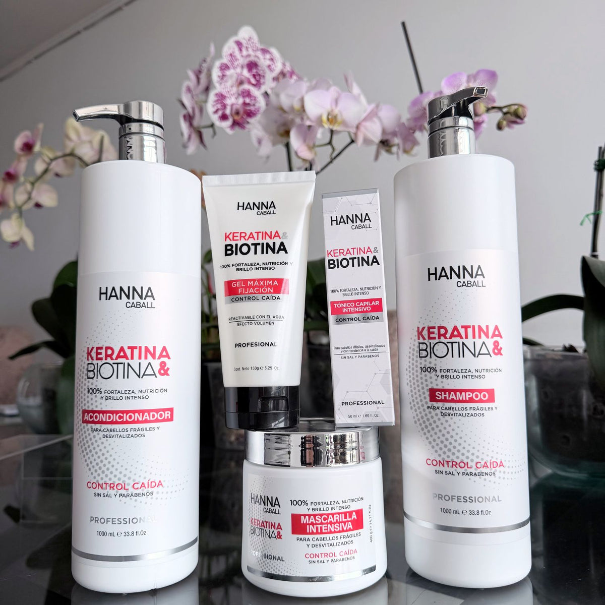 Pack Keratina & Biotina 5 Productos con Tónico y Gel 1 L Hanna Caball, fotografía real del pack