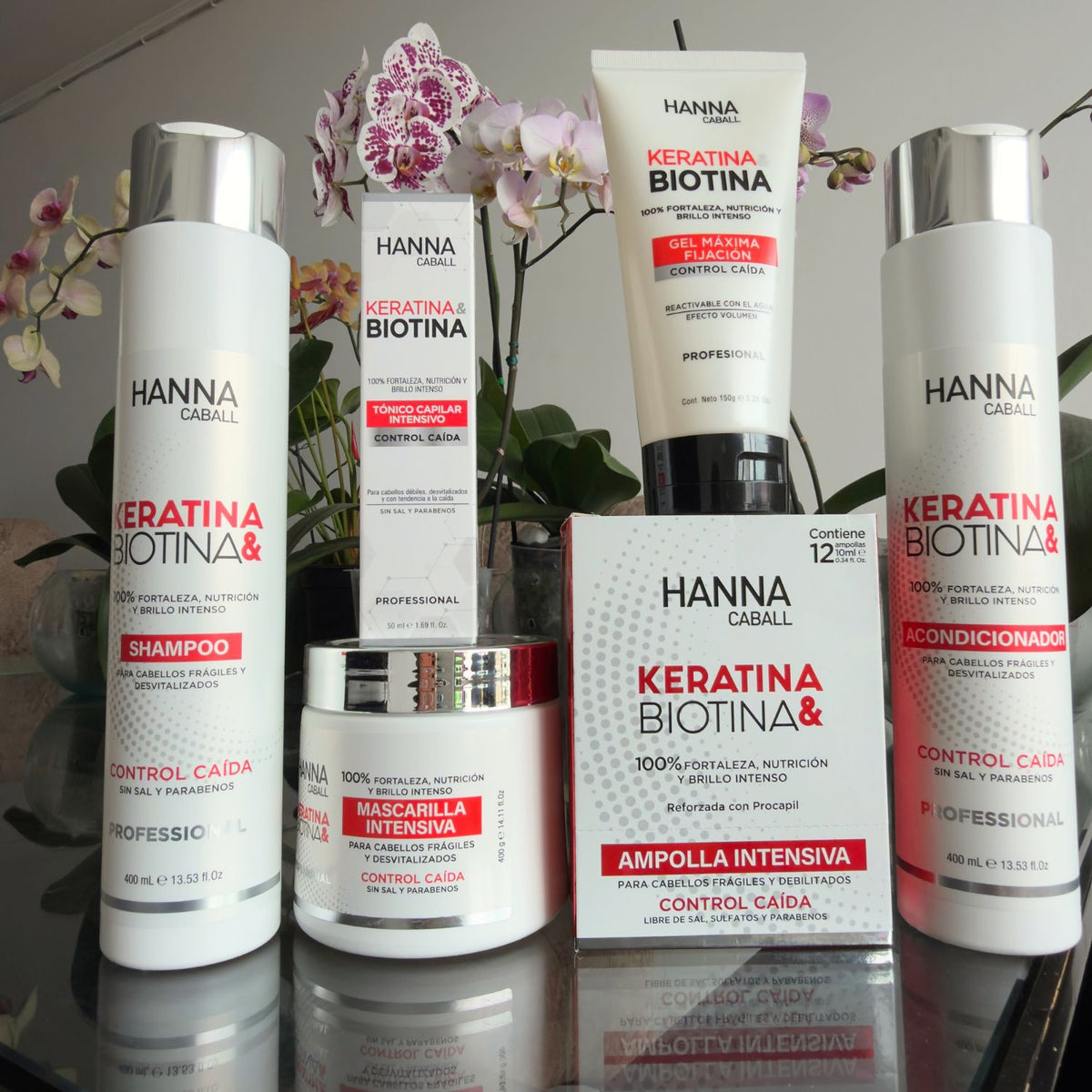 Fotografía del pack Keratina & Biotina Hanna Caball con shampoo y acondicionador de 400 ml, mascarilla, tónico, gel y ampollas.