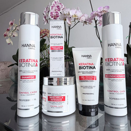 Pack Keratina & Biotina 5 Productos con Tónico y Gel 400 ml Hanna Caball, fotografía real del pack