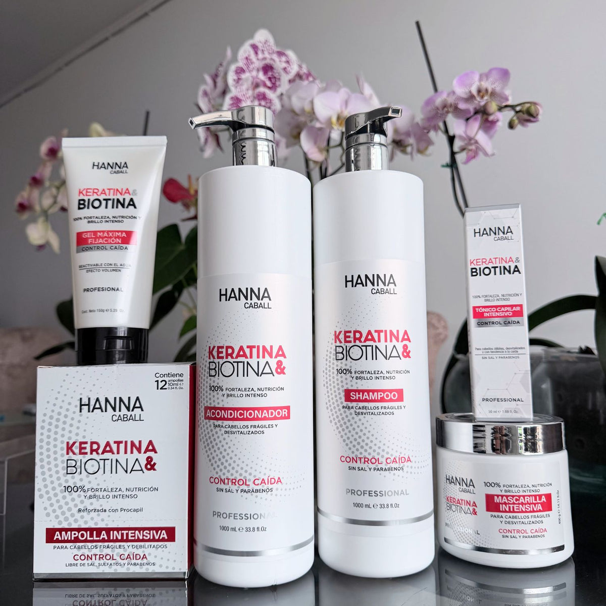 Pack Keratina & Biotina 6 Productos 1 L Hanna Caball, fotografía real del pack