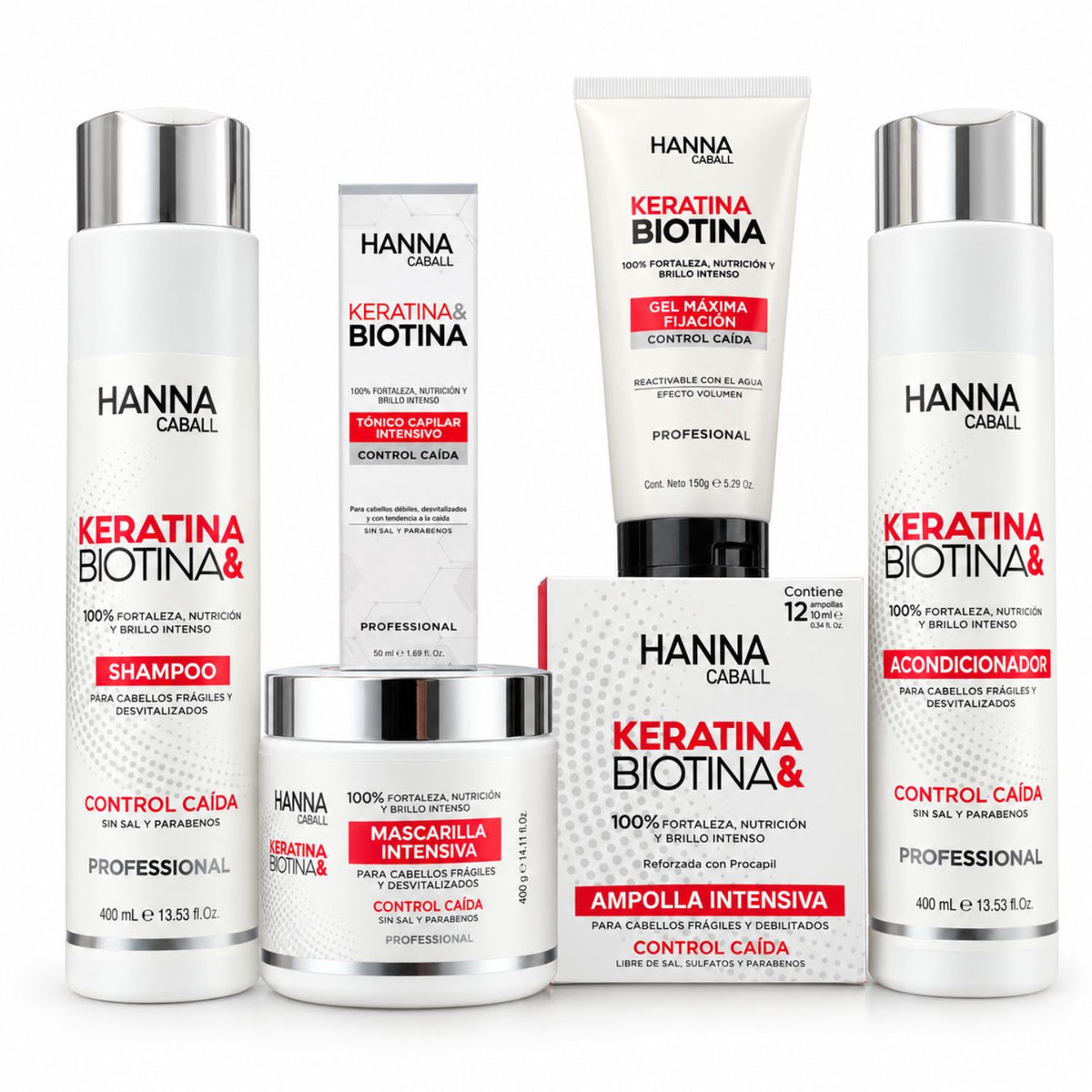 Pack Keratina & Biotina Hanna Caball de seis productos con shampoo y acondicionador de 400 ml, mascarilla, tónico, gel y ampollas.