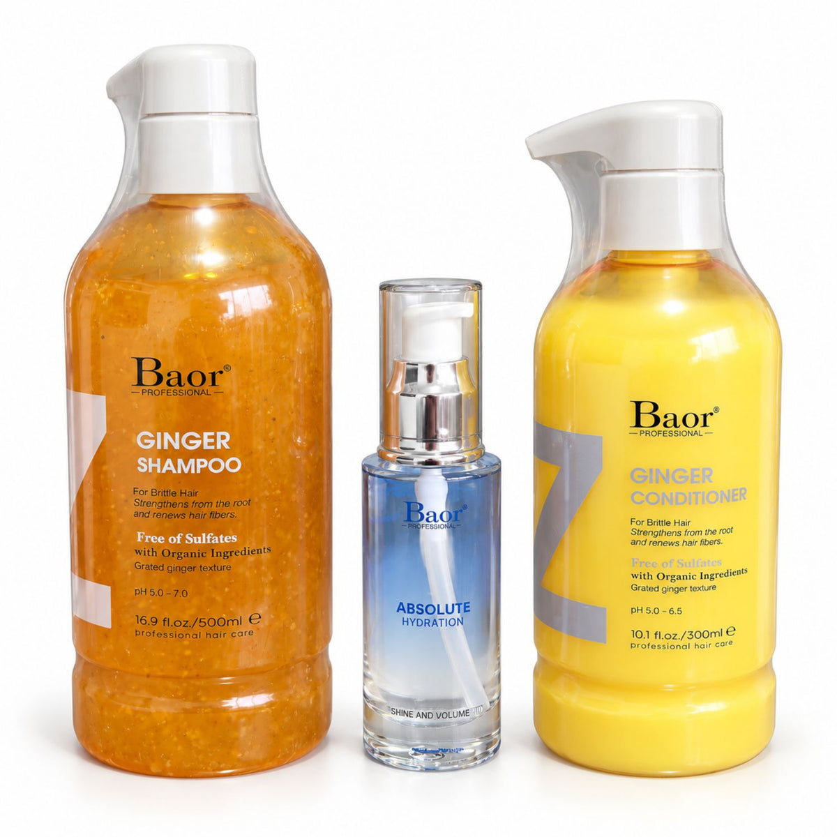Pack BAOR Ginger con shampoo y acondicionador y Absolute Hydration sobre fondo blanco.