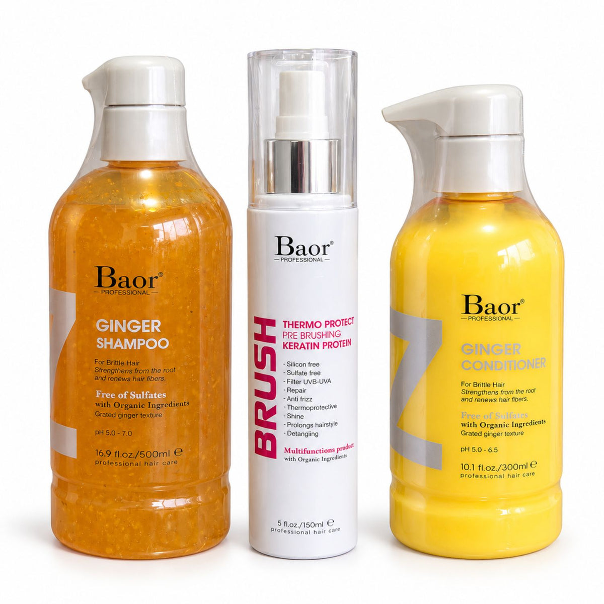 Pack BAOR Ginger con shampoo y acondicionador y Brush Thermo Protect sobre fondo blanco.