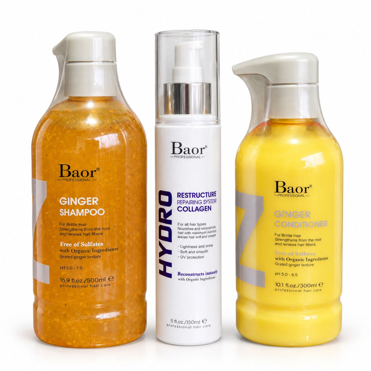 Pack BAOR Ginger con shampoo y acondicionador y Hydro Collagen sobre fondo blanco.