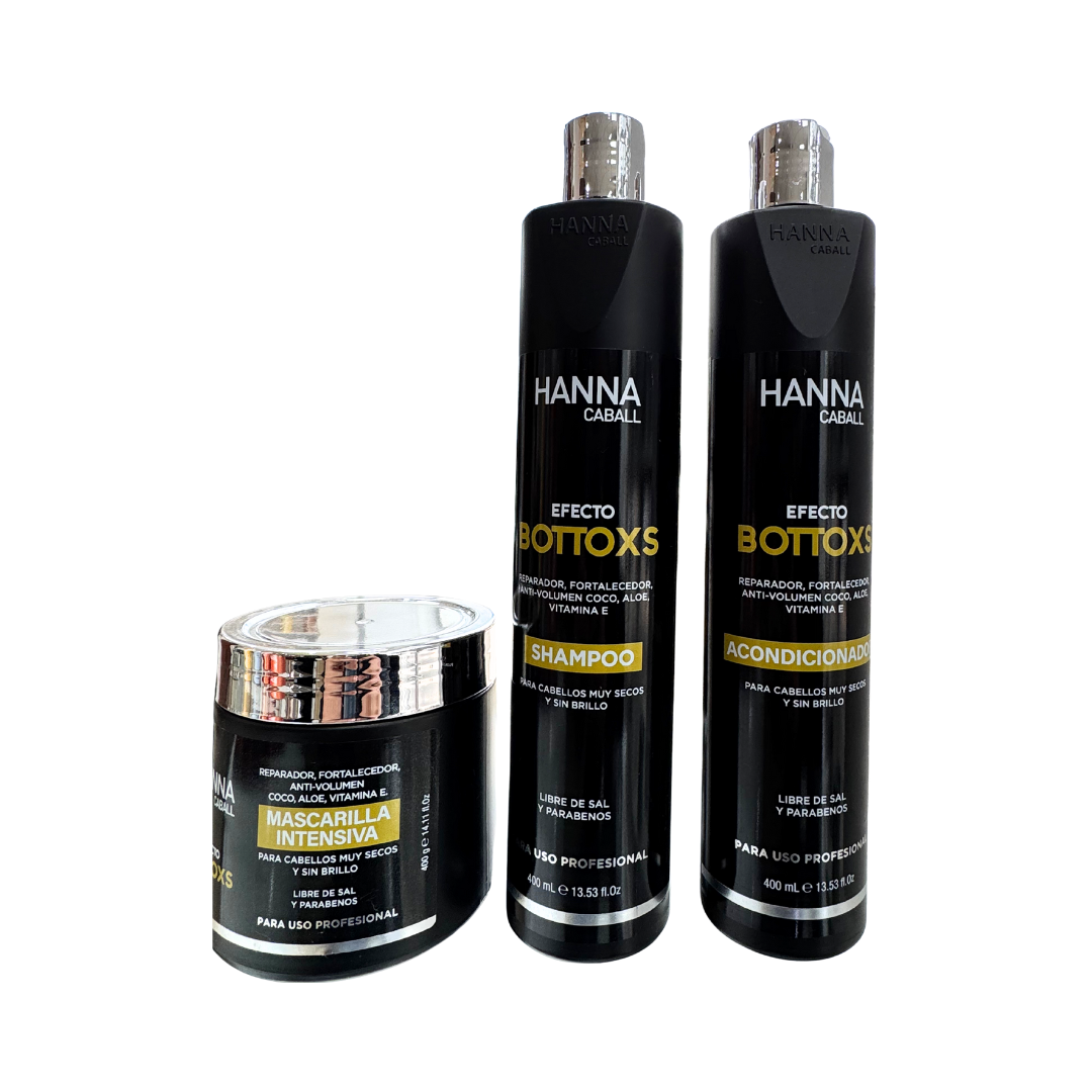 Pack Efecto Botox Hanna Caball 400 ml (Shampoo + Acondicionador + Mascarilla reparadora para cabello muy seco y sin brillo)