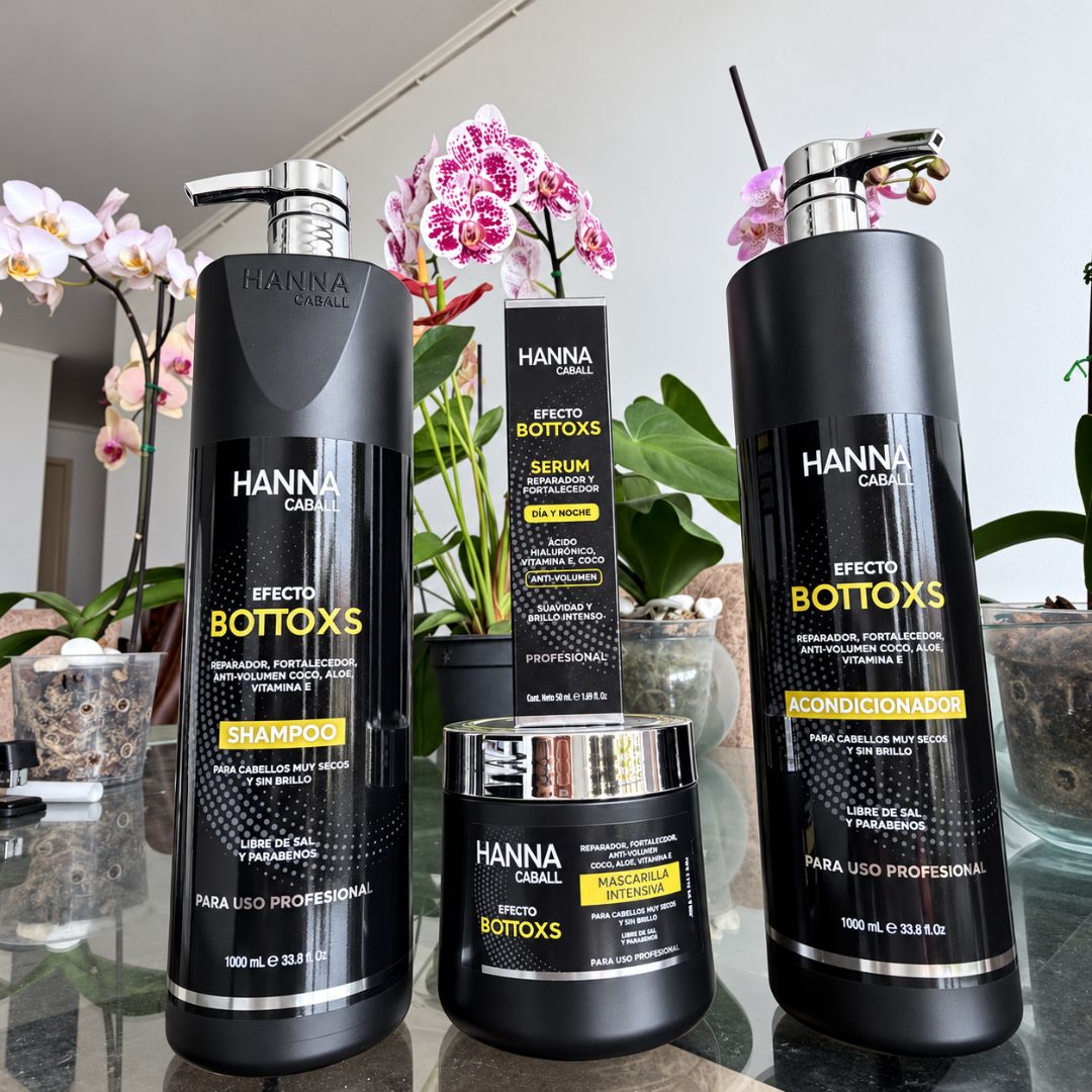 Fotografía real del pack Hanna Caball Efecto Bottoxs con shampoo 1 L, acondicionador 1 L, mascarilla 400 g y sérum 50 ml