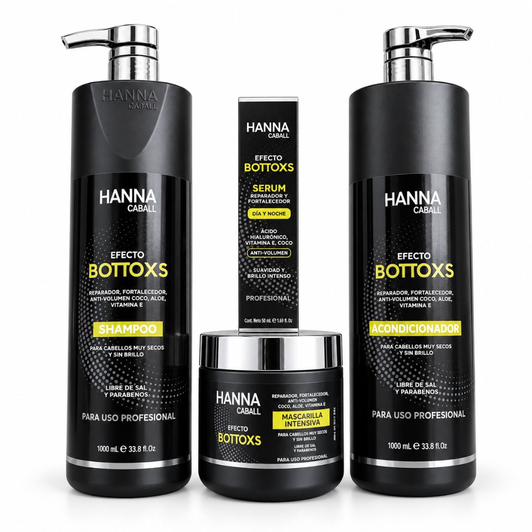 Pack Efecto Bottoxs Hanna Caball de 4 productos: shampoo y acondicionador 1 litro, mascarilla intensiva 400 g y sérum 50 ml en fondo blanco