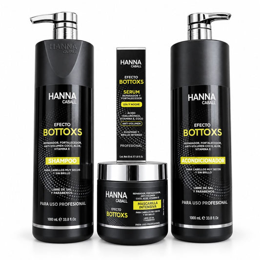 Pack Efecto Bottoxs Hanna Caball de 4 productos: shampoo y acondicionador 1 litro, mascarilla intensiva 400 g y sérum 50 ml en fondo blanco