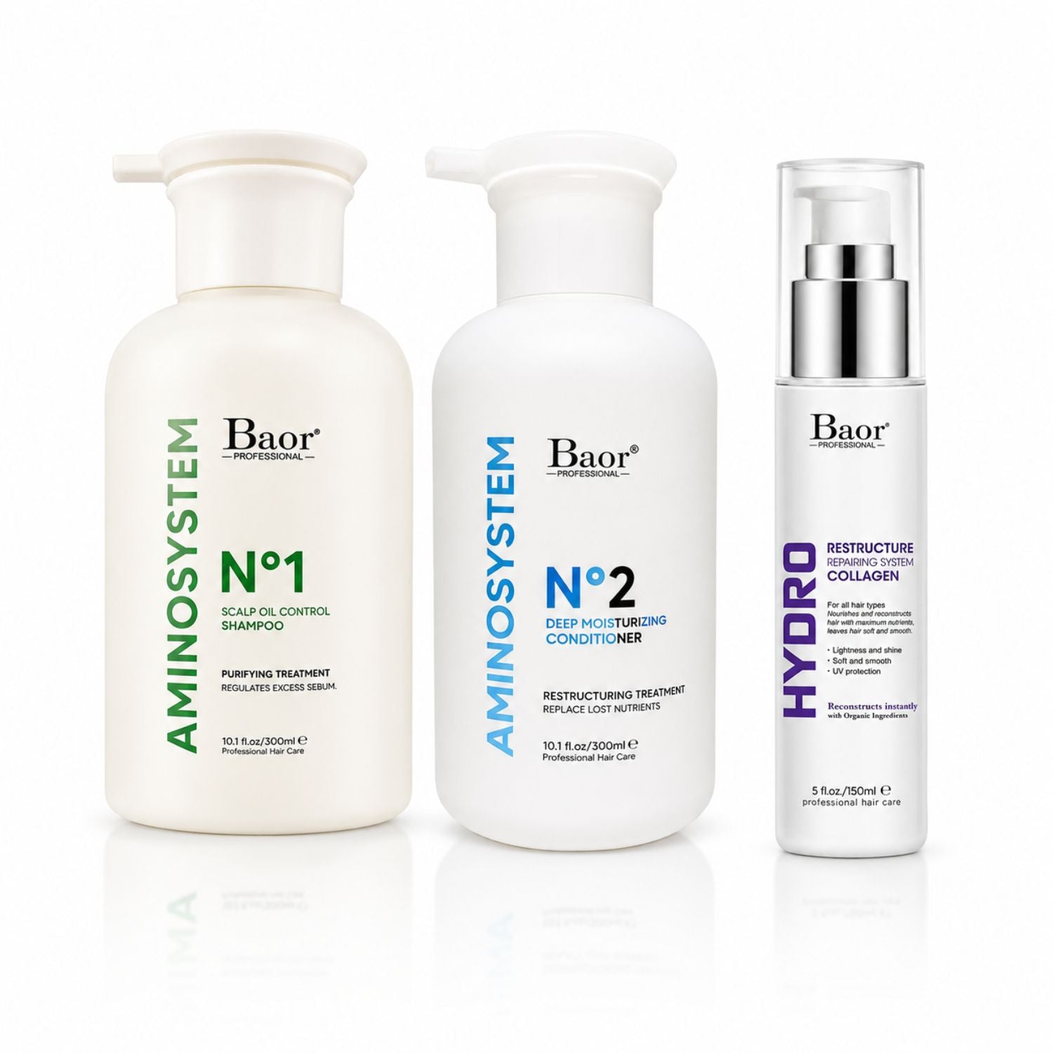 BAOR Pack Aminosystem: Moisturizing Shampoo N°1 300 ml para cabello seco + Deep Moisturizing Conditioner N°2 300 ml + Hydro Collagen 150 ml