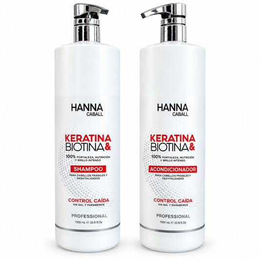 Dúo Keratina y Biotina Hanna Caball shampoo y acondicionador de 1 litro cada uno sobre fondo blanco