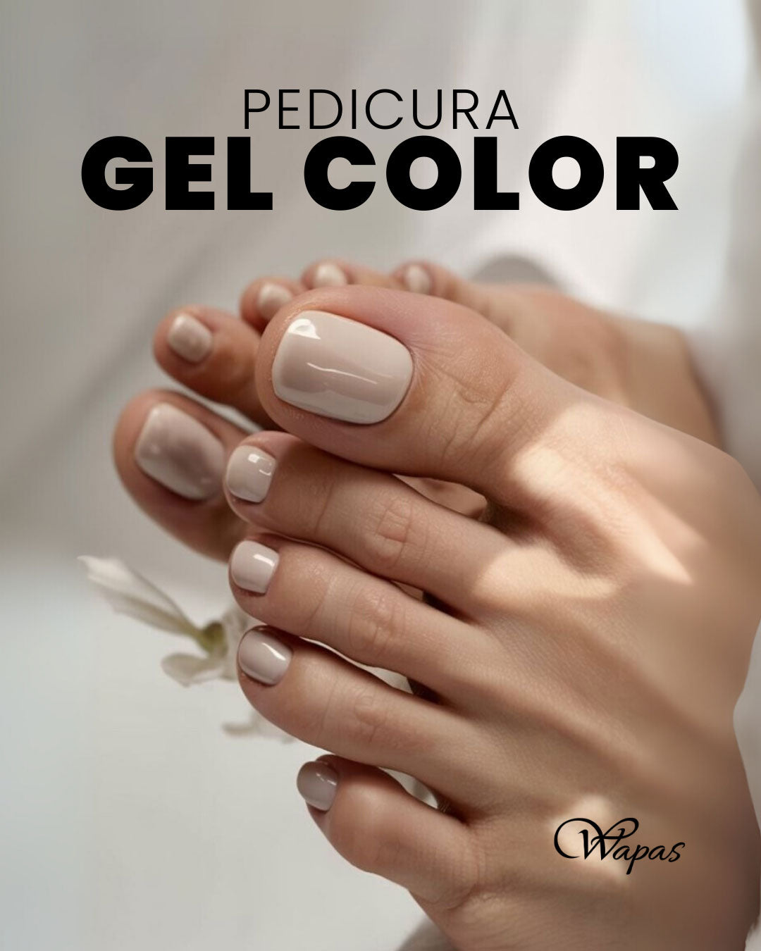 Pedicura gel color en uñas de pies tono nude, servicio de pedicure en Wapas GCC salón de belleza en San Isidro Lima Perú.