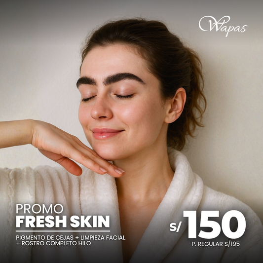 Mujer con piel limpia y cejas definidas tras el servicio Fresh Skin en Wapas GCC. Incluye limpieza facial, pigmento de cejas y rostro completo con hilo.