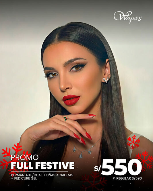 Promo FULL FESTIVE Wapas: alisado permanente dual o trial, uñas acrílicas y pedicure gel. Pack de belleza como regalo de Navidad 2025 en San Isidro.