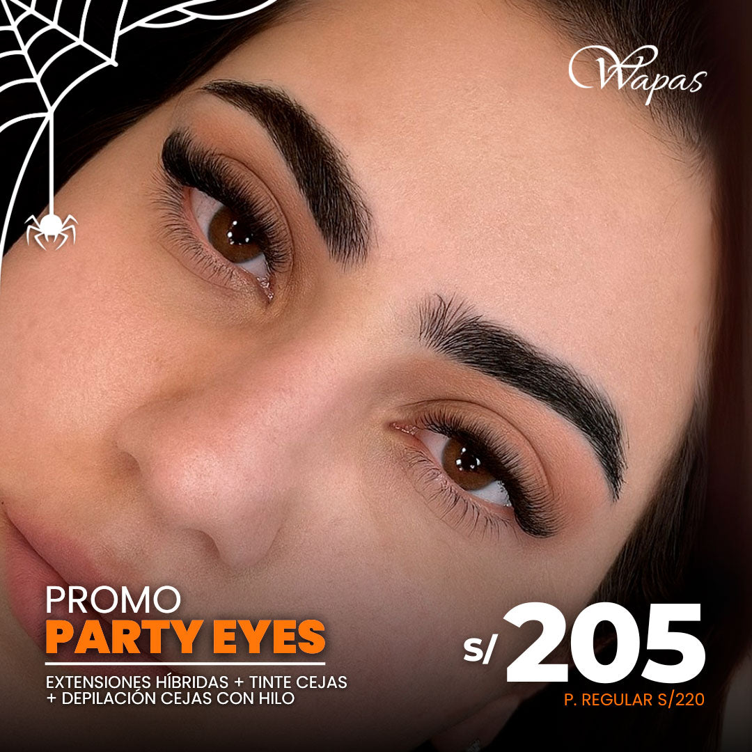 Promoción Party Eyes en Wapas GCC: extensiones de pestañas híbridas, tinte y depilación de cejas con hilo