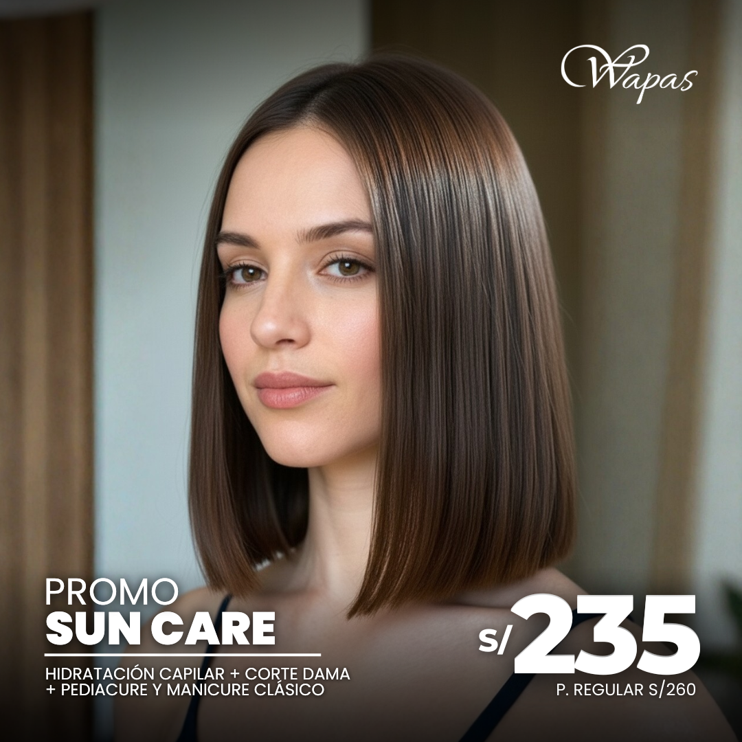 Mujer con cabello hidratado y liso después de tratamiento Sun Care en Wapas GCC. Incluye hidratación capilar, corte dama, manicure y pedicure clásico.