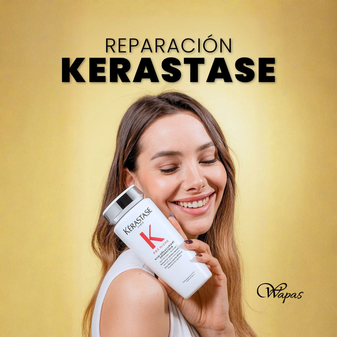 Tratamiento de reparación Kérastase en Wapas Salón, San Isidro, Lima Perú: modelo sosteniendo producto Kérastase para fortalecer y reparar el cabello.
