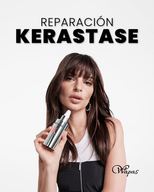 Reparación capilar Kérastase con sérum profesional, modelo mostrando producto en Wapas GCC salón de belleza en San Isidro Lima Perú.