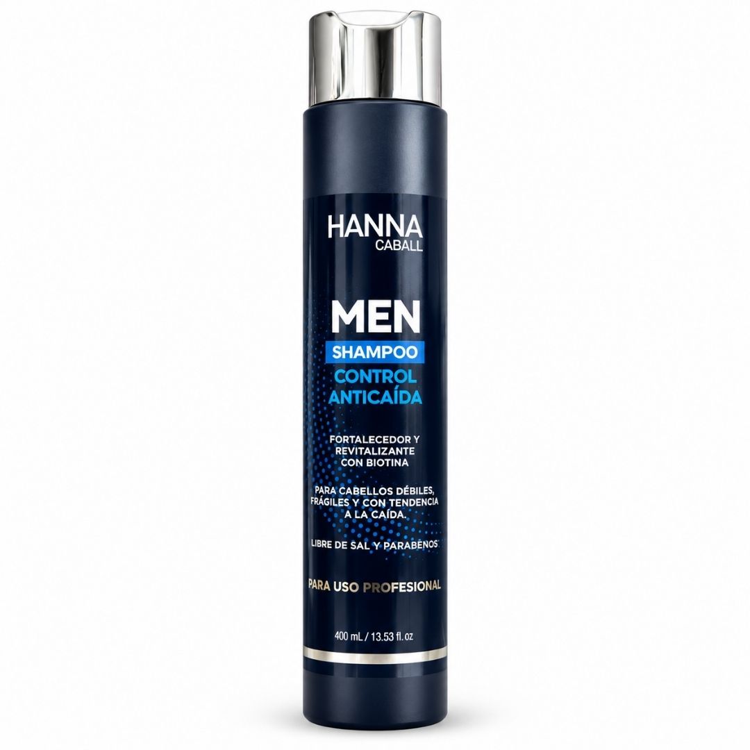 Shampoo Men Control Anticaída 400 ml de Hanna Caball, envase azul oscuro con fondo blanco
