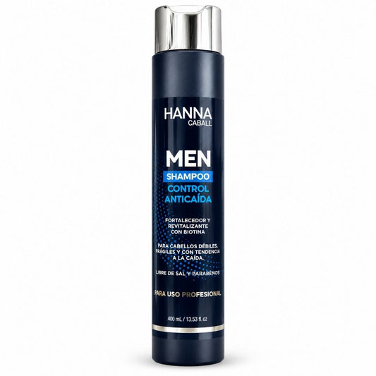 Shampoo Men Control Anticaída 400 ml de Hanna Caball, envase azul oscuro con fondo blanco