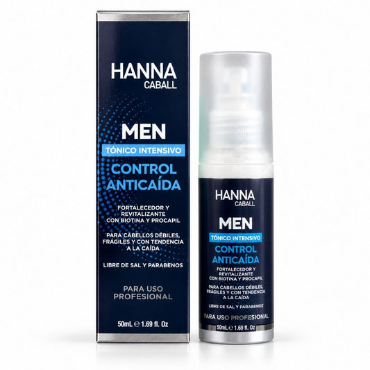 Fotografía real del tónico Men Control Anticaída Hanna Caball 50 ml con su caja en exhibición