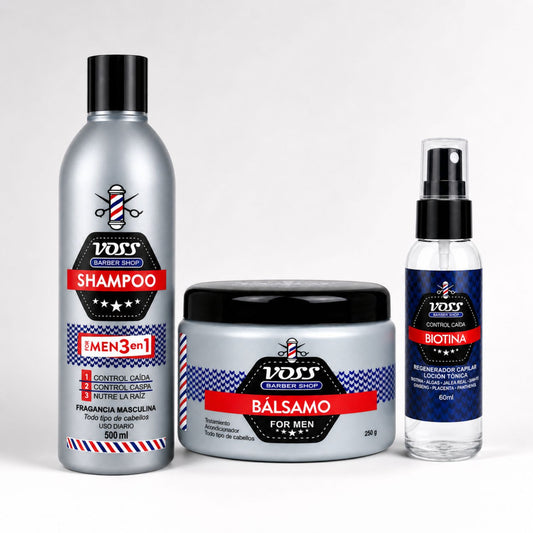 Voss Barber Shop Pack Rutina Capilar: Shampoo For Men 3 en 1 500g Anticaída + Bálsamo For Men 250g Acondicionador + Biotina For Men 60ml Loción Tónica